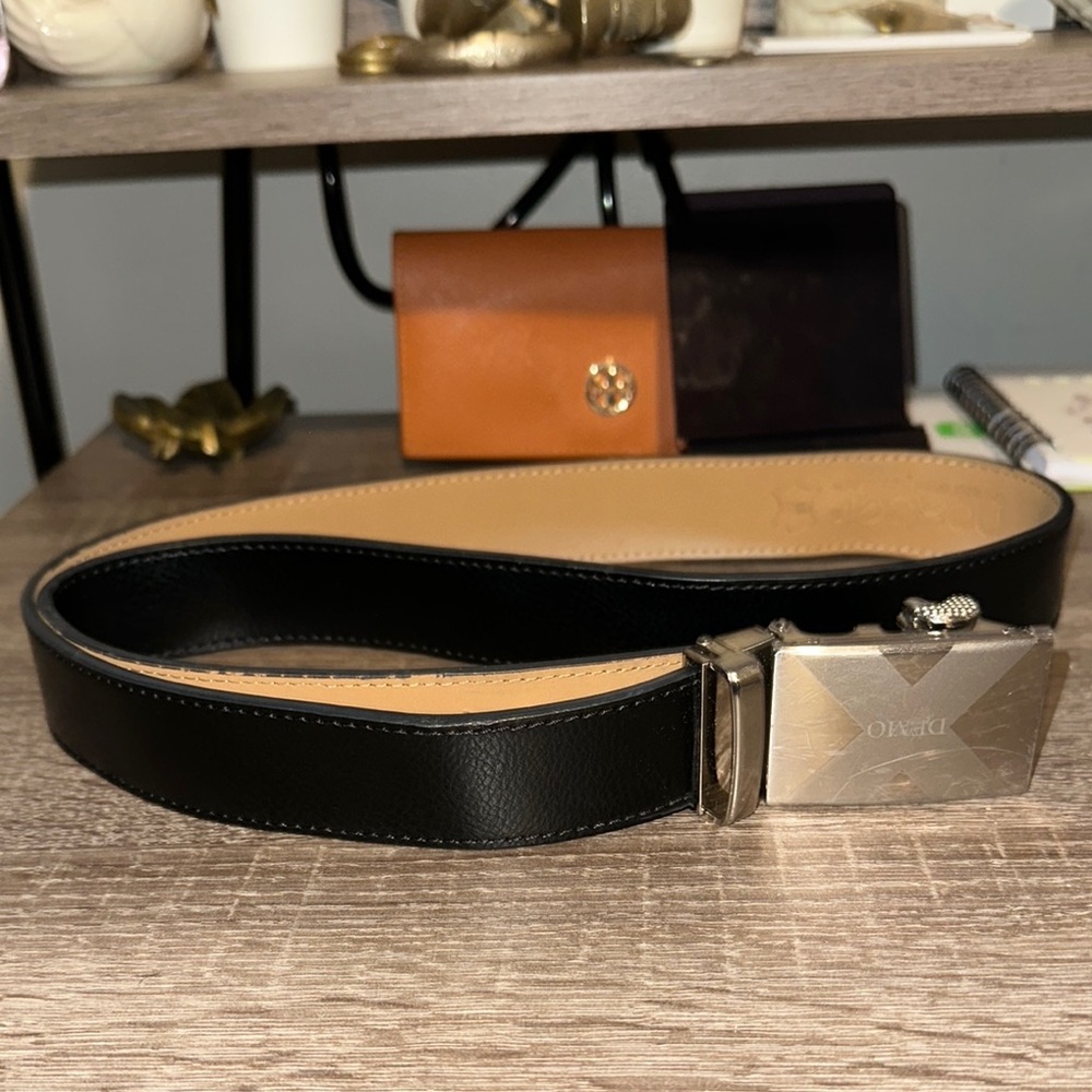 Black and Silver Leather Belt with Classic Design